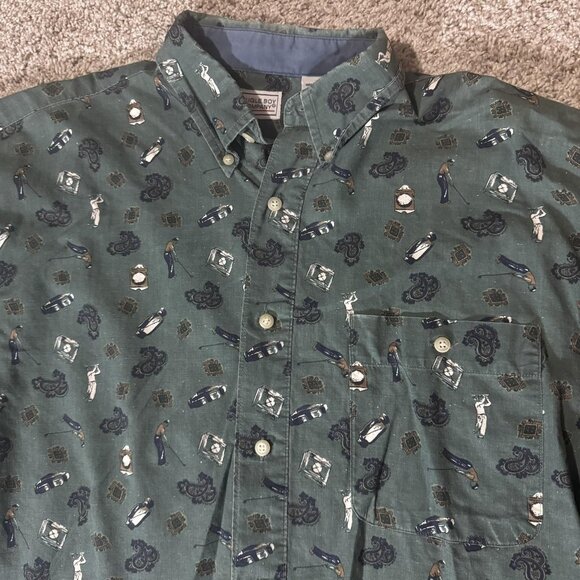Bugle Boy Company Shirt Mens Extra Large Green Button Down Golf Print Cotton - Picture 2 of 6